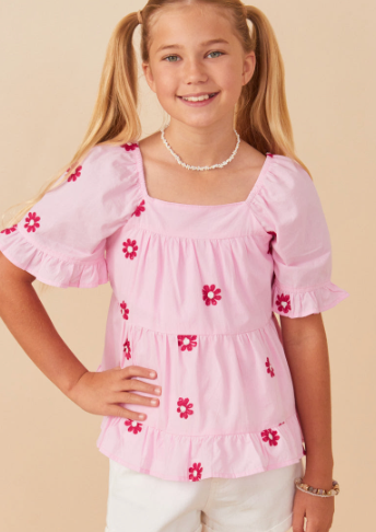 Girls All Over Daisy Embroidered Square Neck Top