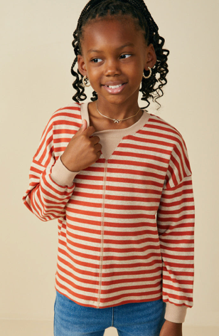 Girls Contrast Band Stitch Detail Striped Knit Top