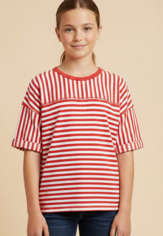 Girls Mixed Stripe Drop Shoulder Knit T Shirt