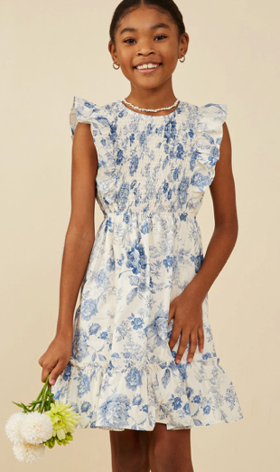 Girls Antique Floral Smock And Ruffle Dress
