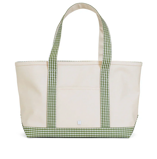 MAXI TOTE - COATED CANVAS Large NATURAL With GINGHAM MOSS TRIM