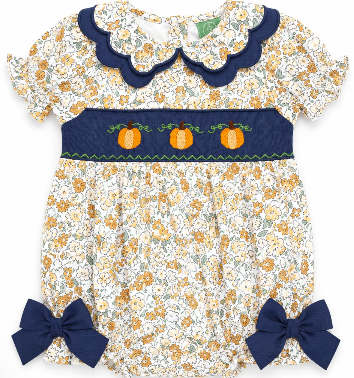 Girls Hand Smocked Pumpkin Floral Bubble