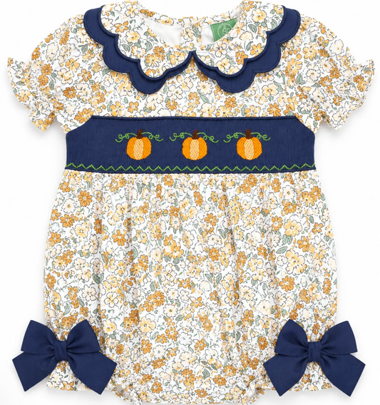 Girls Hand Smocked Pumpkin Floral Bubble