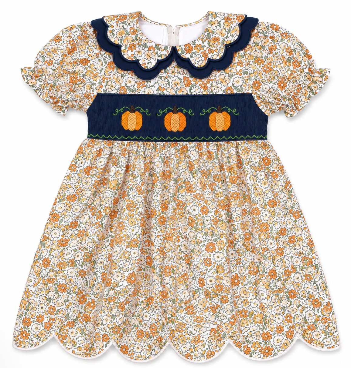 Girls Hand Smocked Floral Pumpkin Dress