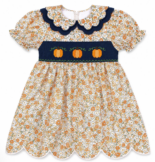Girls Hand Smocked Floral Pumpkin Dress