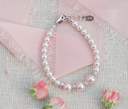 Kids Sterling Silver Pink/White Pearl Bracelet Baby Gift