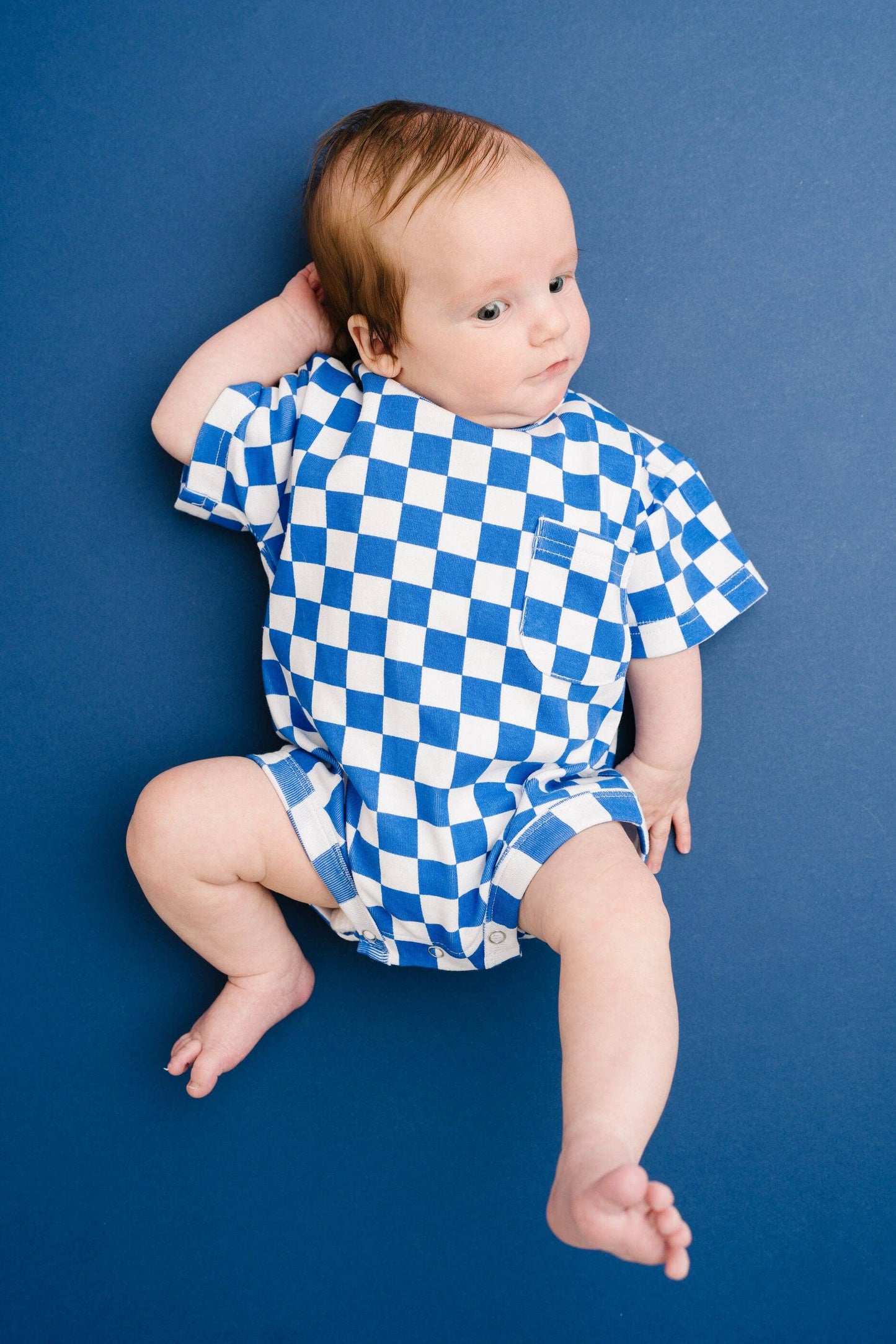 Blue Checkered Pocket Romper