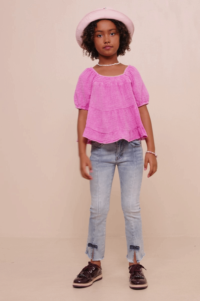 Girls Washed Smock Detail Puff Sleeve Gauze Top