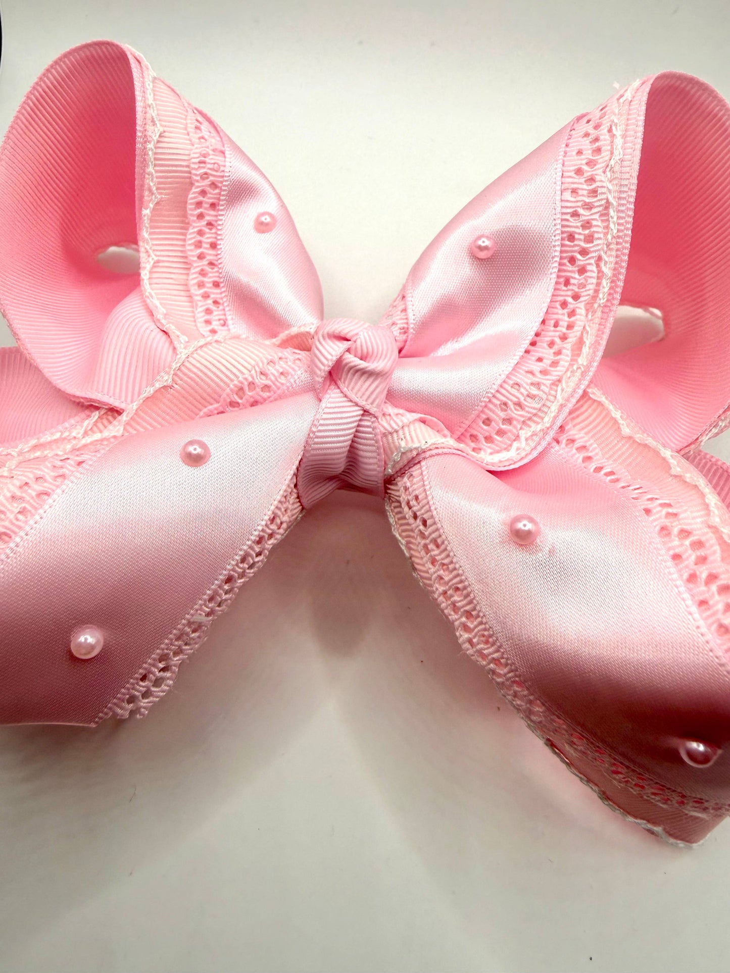 Pink Satin Lace Pearl Bow