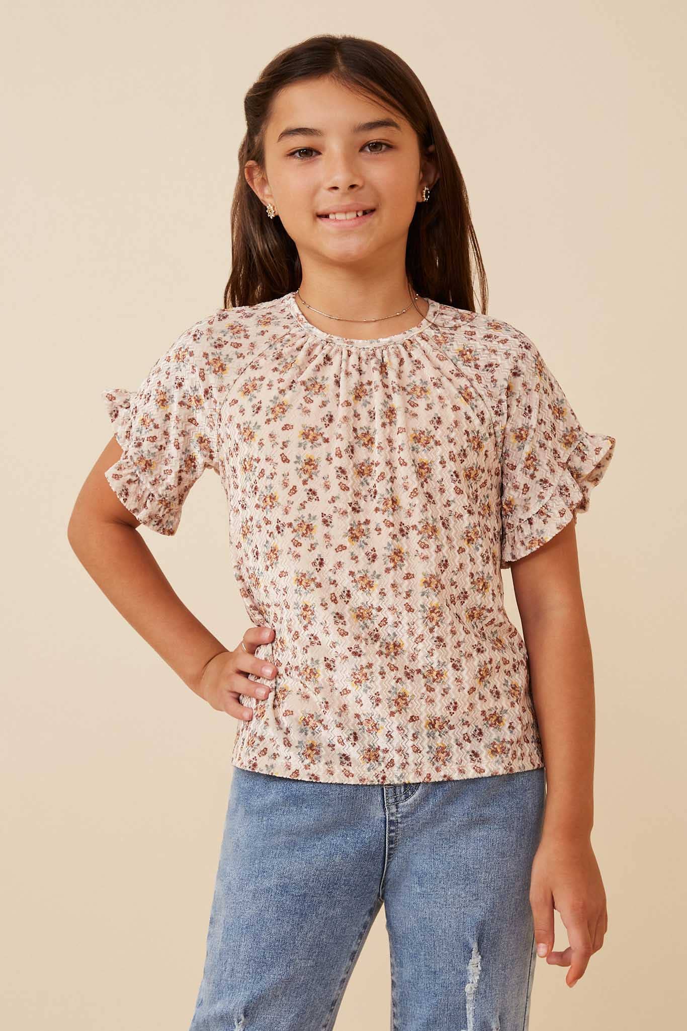 Girls Floral Print Velvet Top