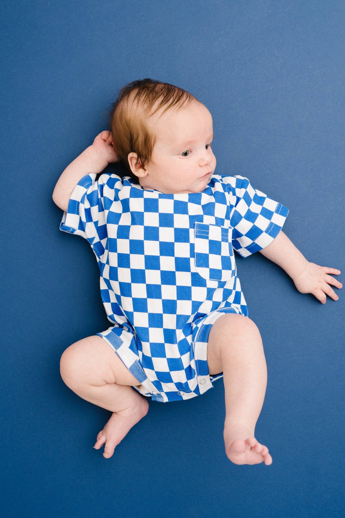 Blue Checkered Pocket Romper