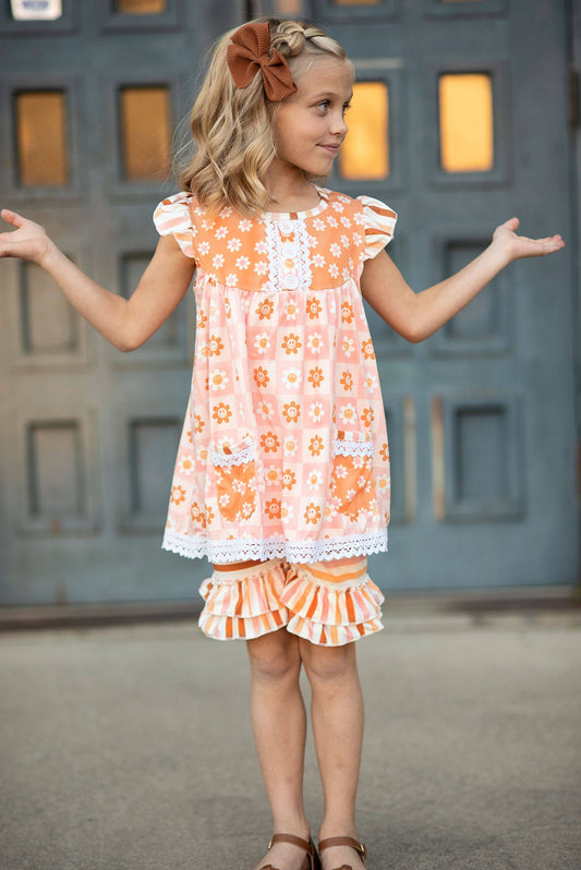 Kids Retro Smiley Daisy Ruffle Lace Pocket Spring Short Set
