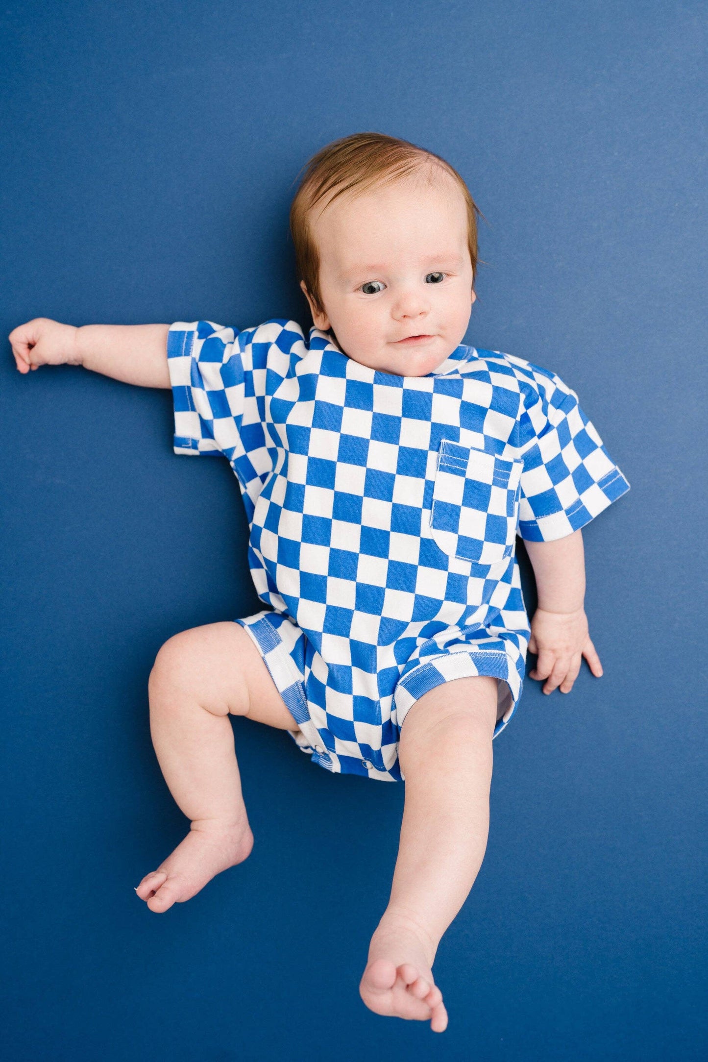 Blue Checkered Pocket Romper