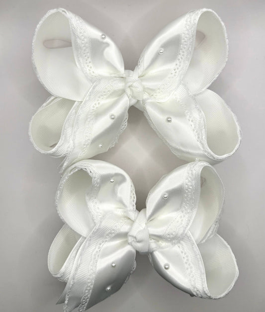 White Satin Lace Pearl Bow