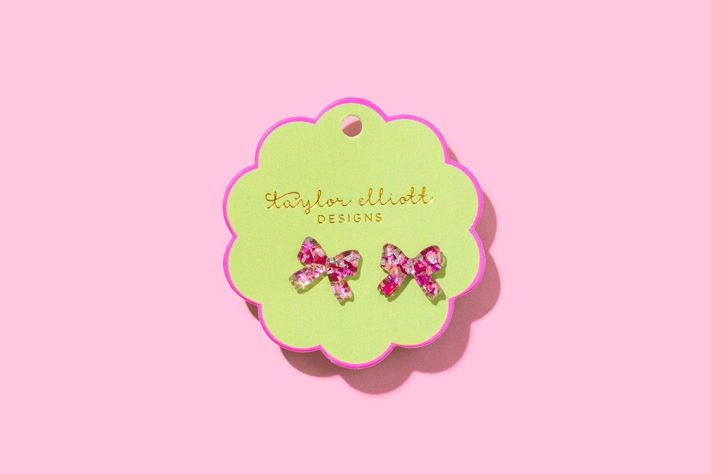 Stud Earrings - Acrylic Ribbon Bows - Pink + Silver Confetti