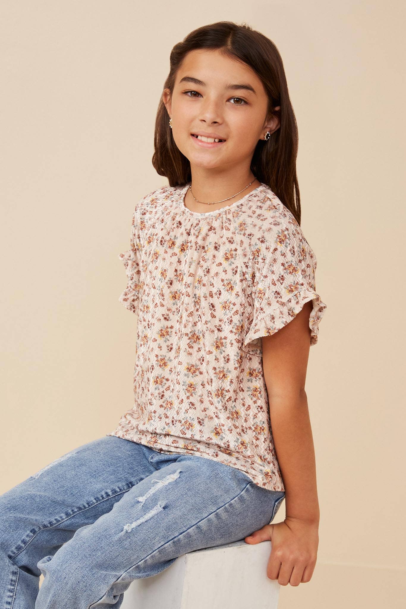 Girls Floral Print Velvet Top