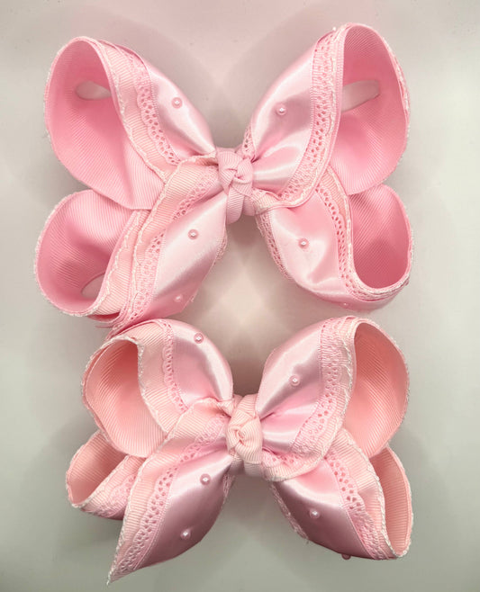 Pink Satin Lace Pearl Bow