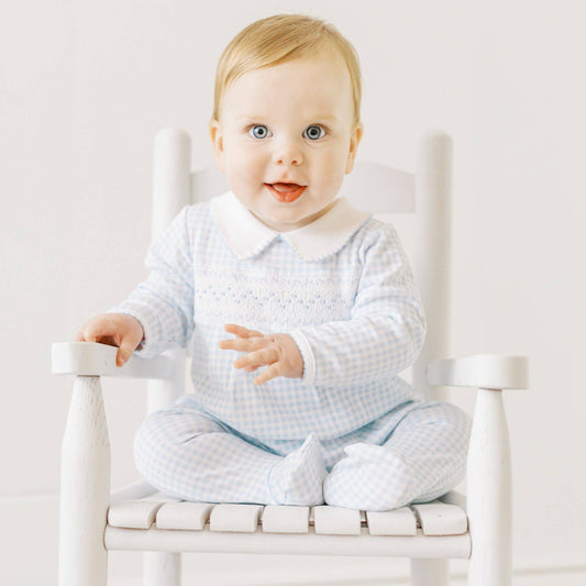 Mini Checks Smocked Collared Footie - Blue
