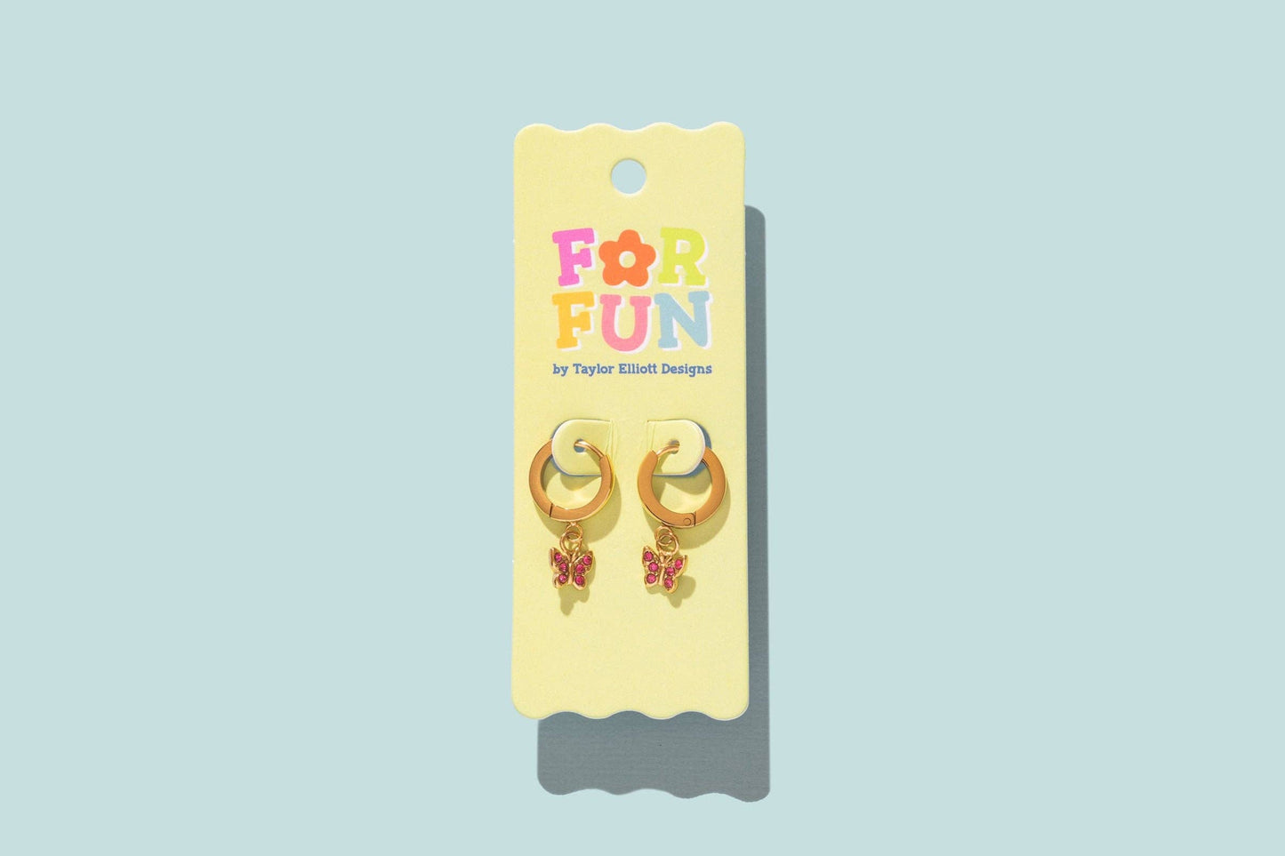 FOR FUN - Huggie Earrings - Hoops + Pink Butterflies -Maddie