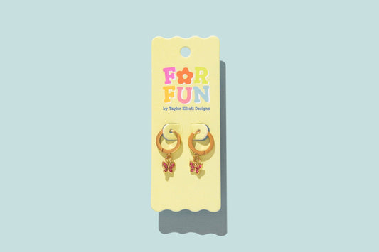 FOR FUN - Huggie Earrings - Hoops + Pink Butterflies -Maddie
