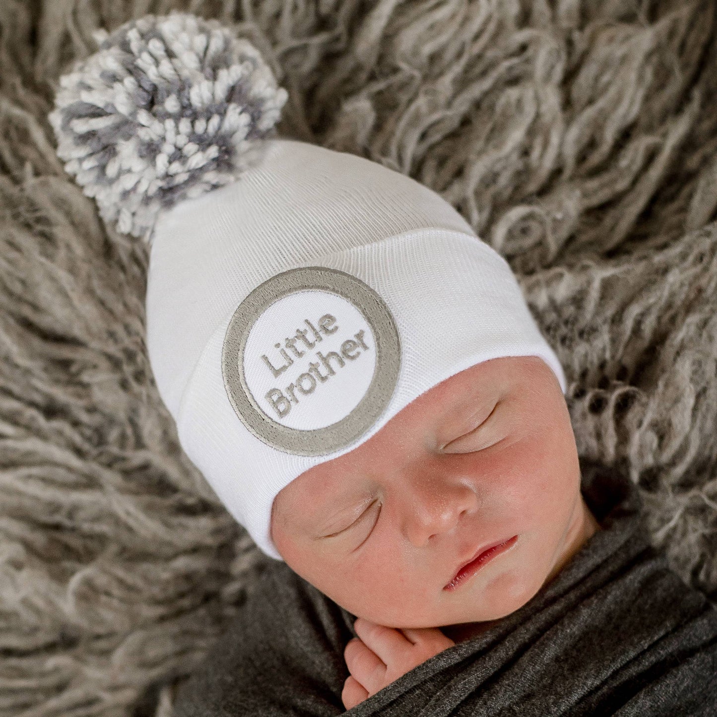 White Gray Stripe Little Brother Pom Newborn Hospital Hat