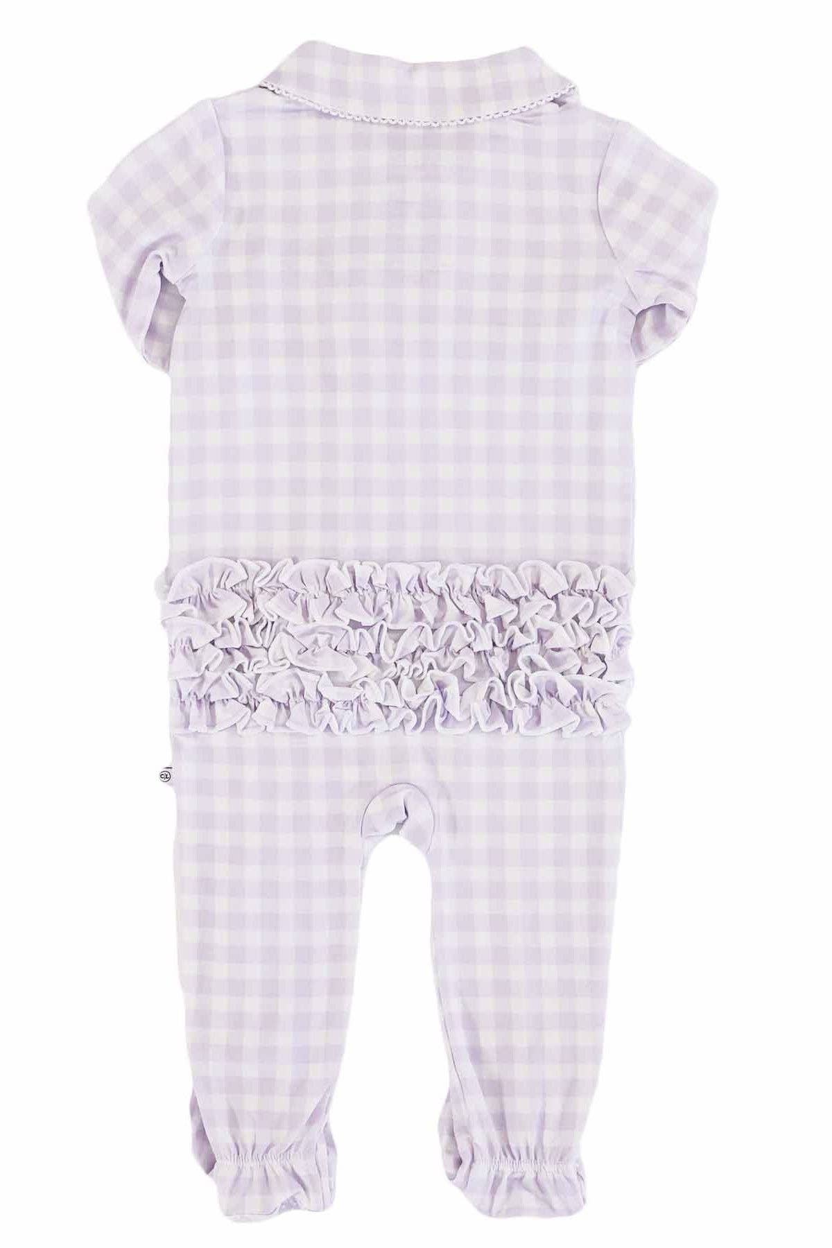 Peter Pan Collar Ruffle Zipper Footie | Lilac Gingham