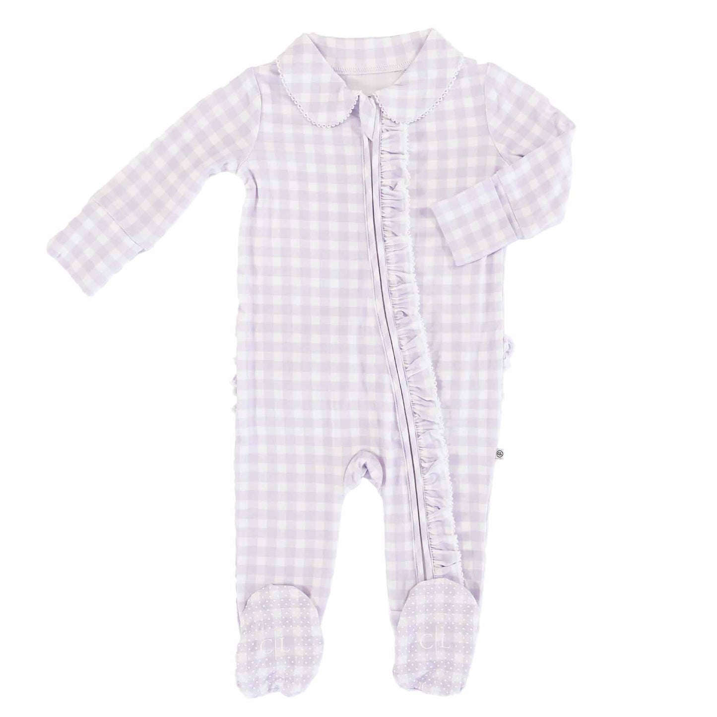 Peter Pan Collar Ruffle Zipper Footie | Lilac Gingham